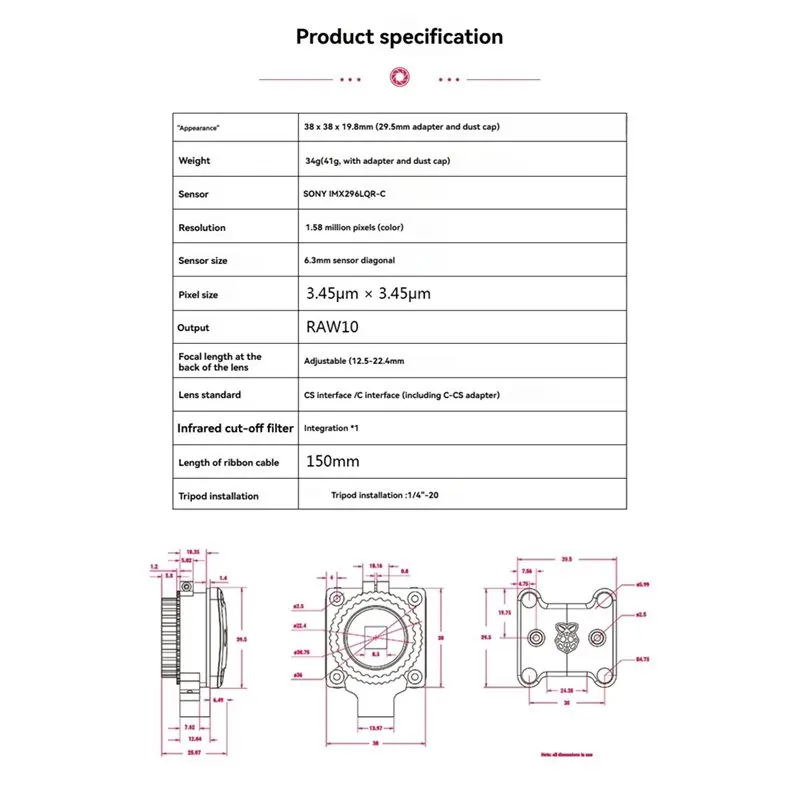 FMT .A86P-ラズベリーパイ用グローバルシャッターカメ - Raspberry Pi Global Shutter Camera Imx296 のレビューと価格